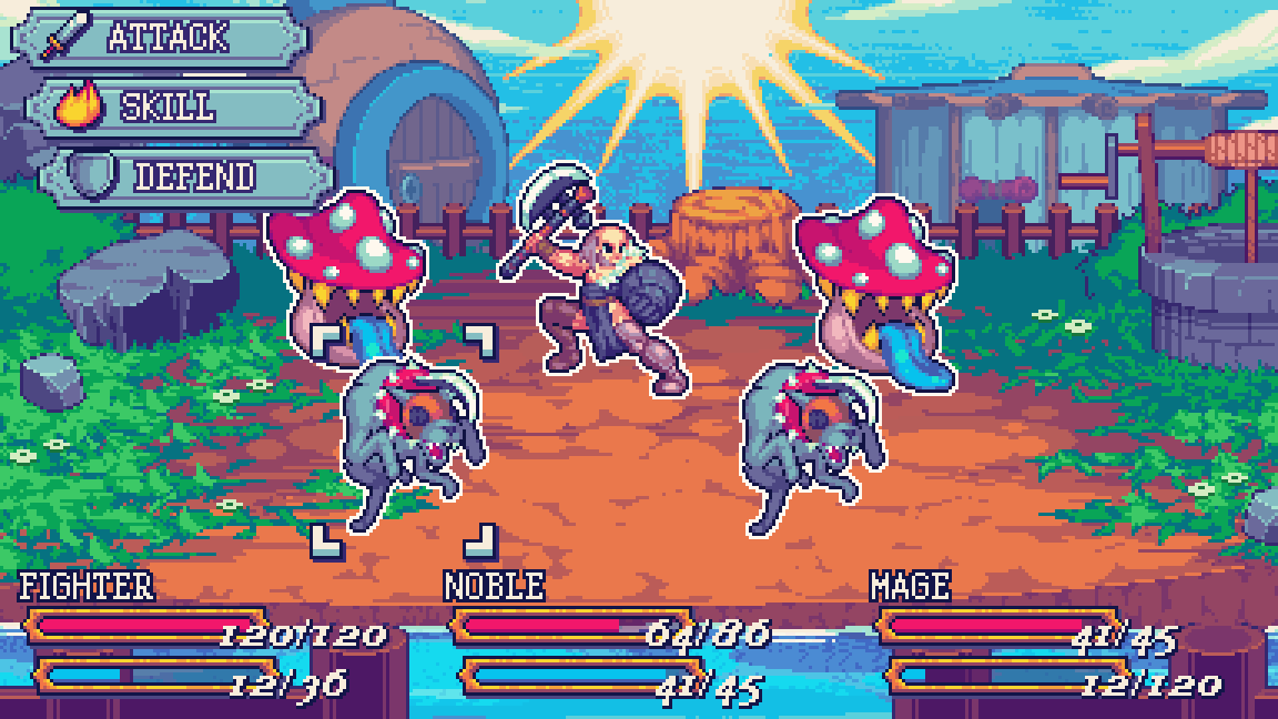 Mockup for the FV Battlers I asset pack. One can see a Brigand, 2 Myconids and 2 Warhounds on a front view battle scheme. The GUI notates that the Fighter, the Noble and the Mage are involved in this combat. The background matches the Nearby Village, where a whell can be seen on the right, a river crosses just in front of the spectator and two buildings can be seen on the background: a white tent and a round, yellow brick house. The sun is bright and the sky is clear;