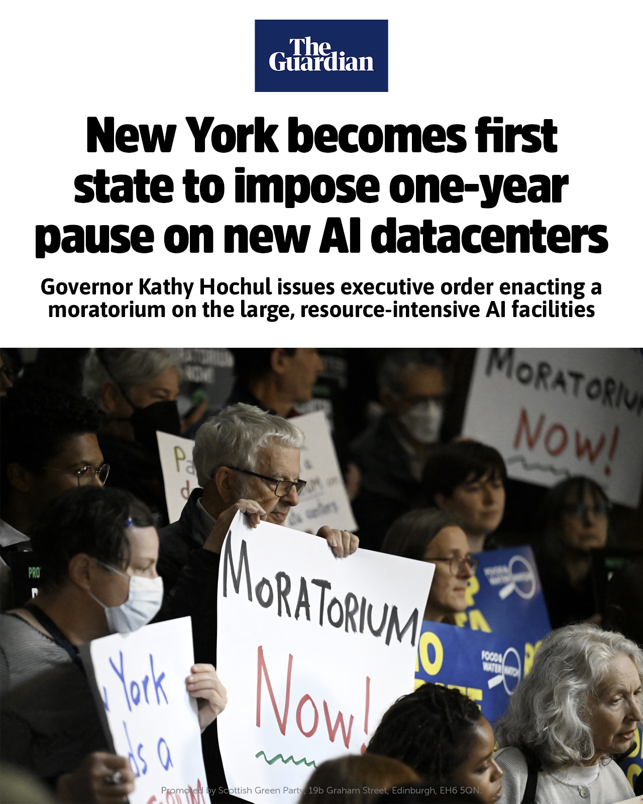 The Guardian. New York becomes first state to impose one-year pause on new AI datacenters. Governor Kathy Hochul issues executive order enacting a moratorium on the large, resource-intensive AI facilities.