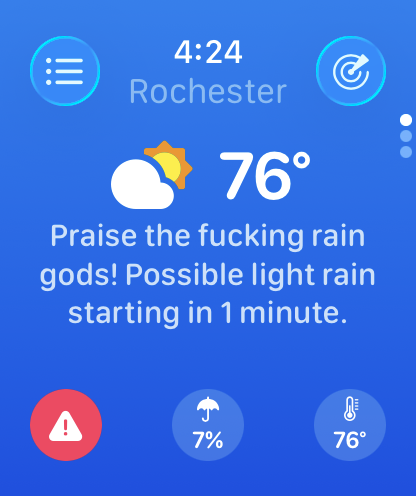 Praise the fucking rain gods! Possible light rain starting in 1 minute.