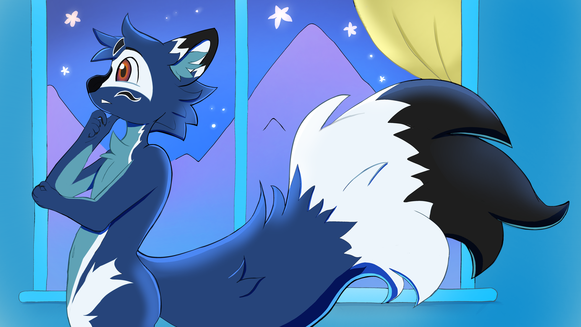 Inside a room lit only by the colorful blue night sky outside, Soatok has his hand under his chin, slowly moving his tail as he ponders and wonders about future ideas and projects.