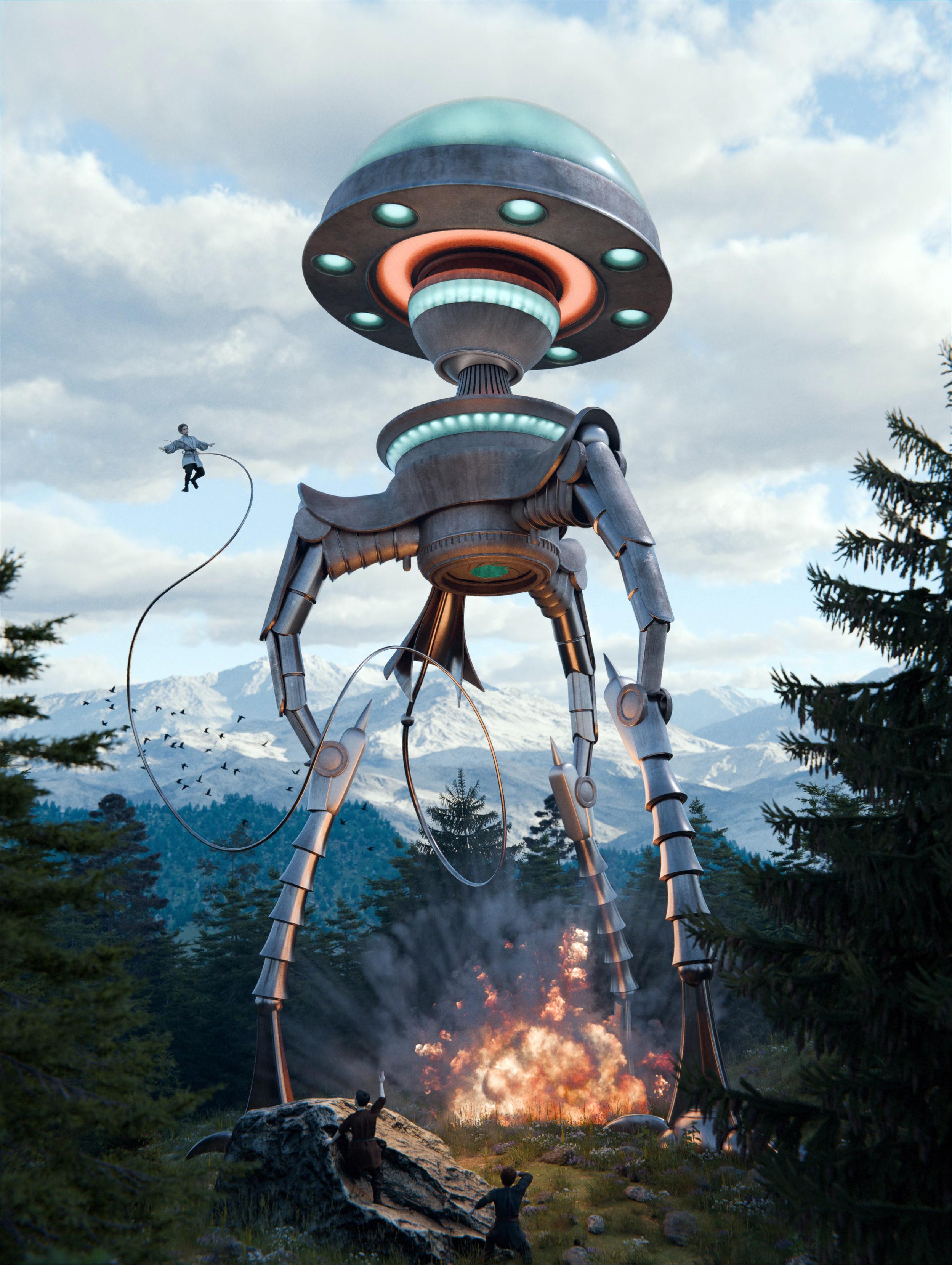 3D art depicting an Alpine setting and a giant alien tripod walking machine. The tripod has a mushroom-like dome for a "head" and three bug-like legs made of metal. A long tentacle holds a young boy in the air as his two friends watch helplessly below. Underneath the tripod, a fireball erupts from a grenade.