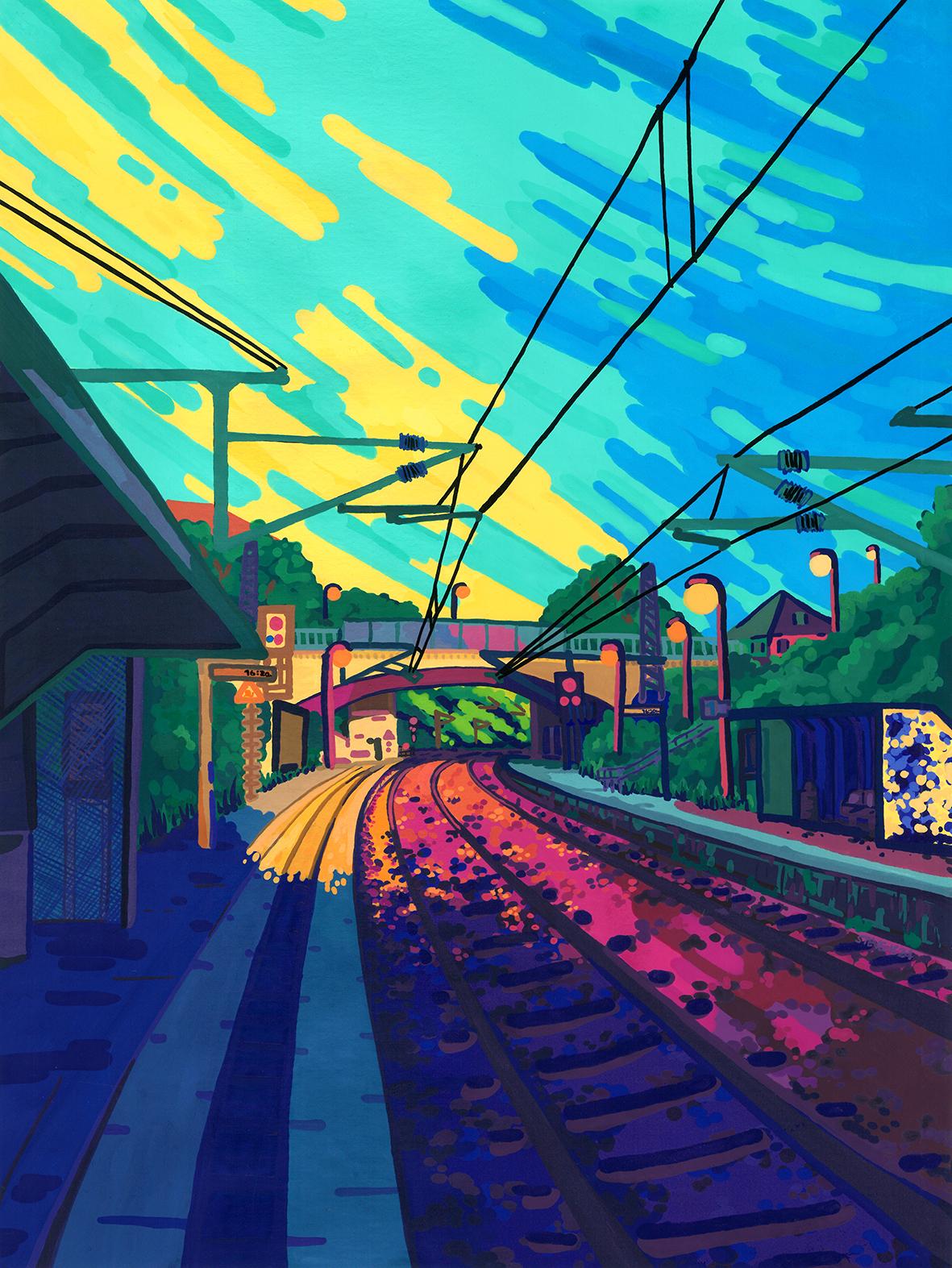 Coppiplatz Bahnhof - A very colourful Gouache painting of a railway, a bridge and a dynamic sky.