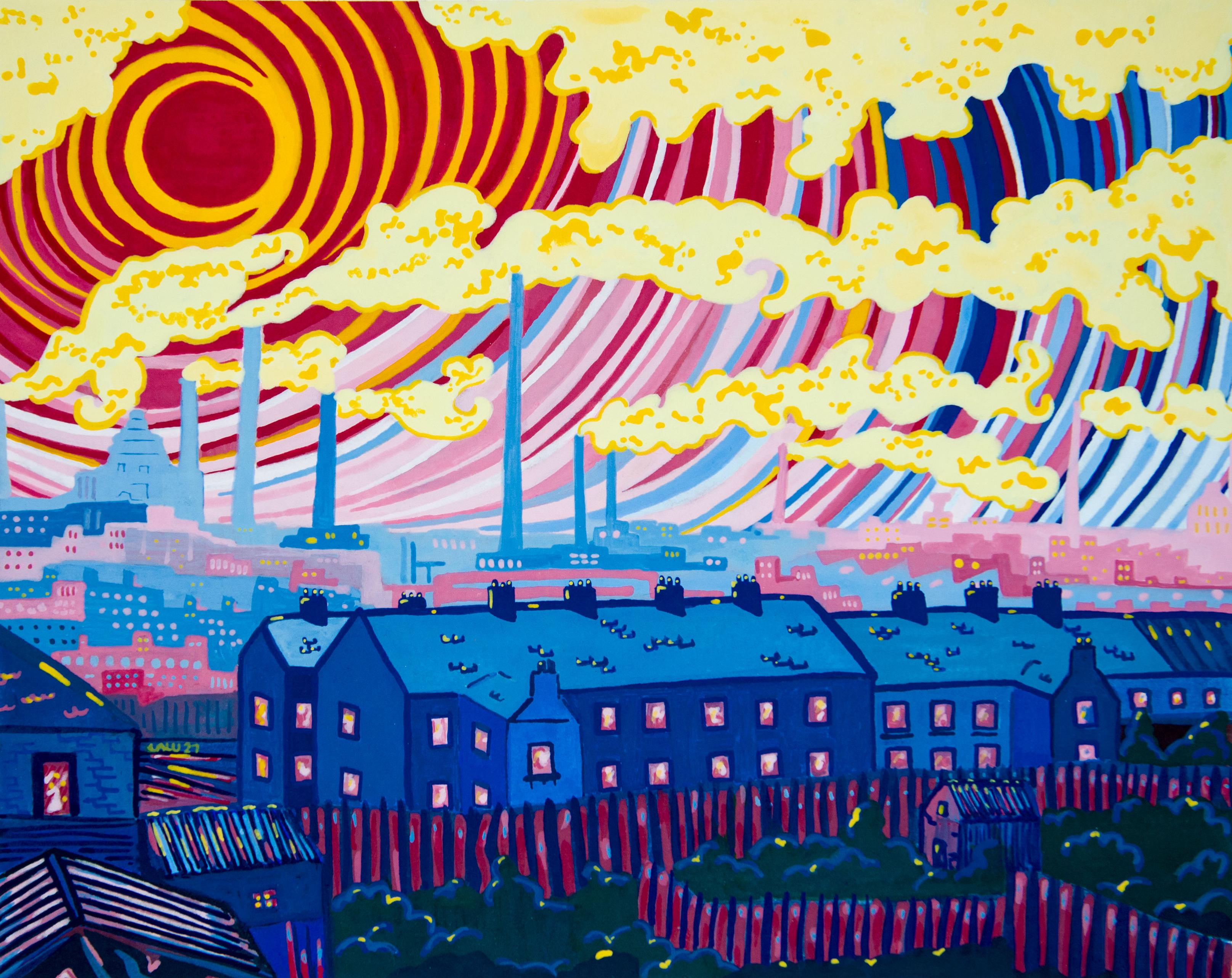 Smoky Tops - An ode to L.S Lowry, an early inspiration of mine. A Gouache painting in a limited colour palette of red, yellow, blue and some green depicting 1800s Manchester slums with a surreal striped sky.