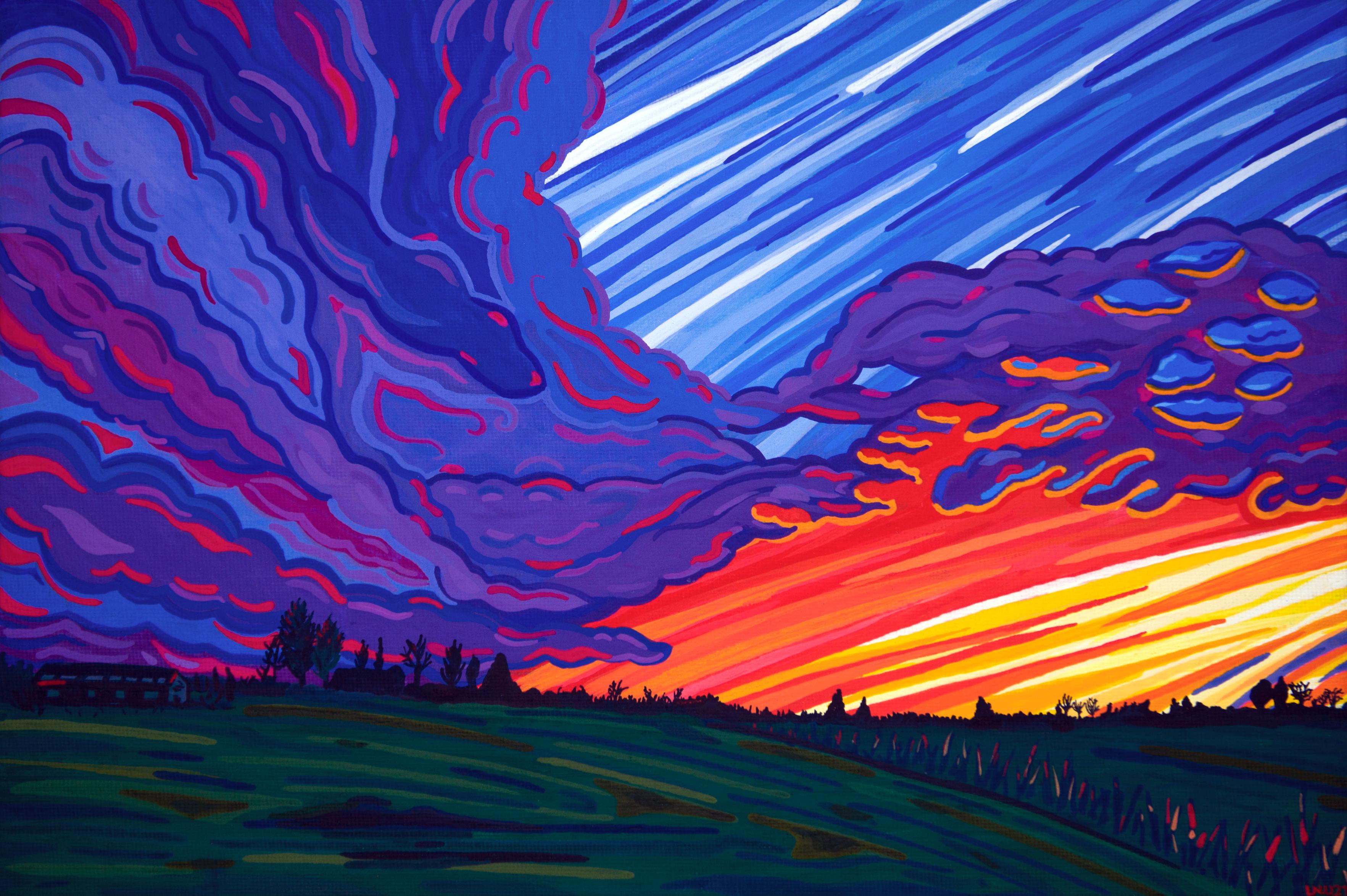 Emergence - A Gouache painting on canvas board of a dynamic sunset in purple, orange, green and blue. I love this one so much and don't know if I could ever sell it. Painted from a photo of one of my uncle's dog walks.