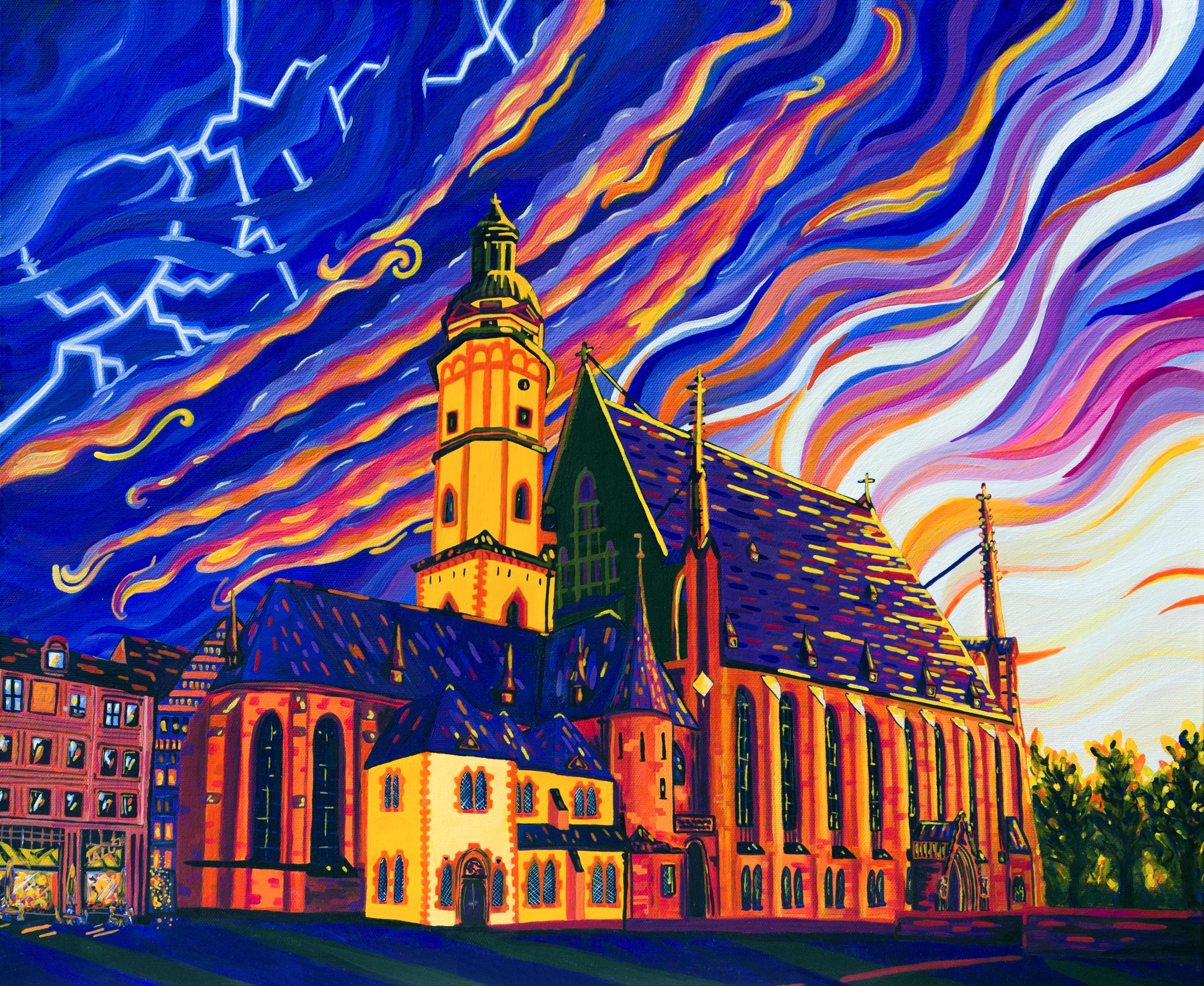 Thomaskirche (St. Thomas Church - An acrylic painting (60x80cm) of a church in Leipzig, Germany. It is a medieval church and definitely is not orange and yellow like the painting implies. The sky is a dynamic sunset with a burst of lightning in the corner.