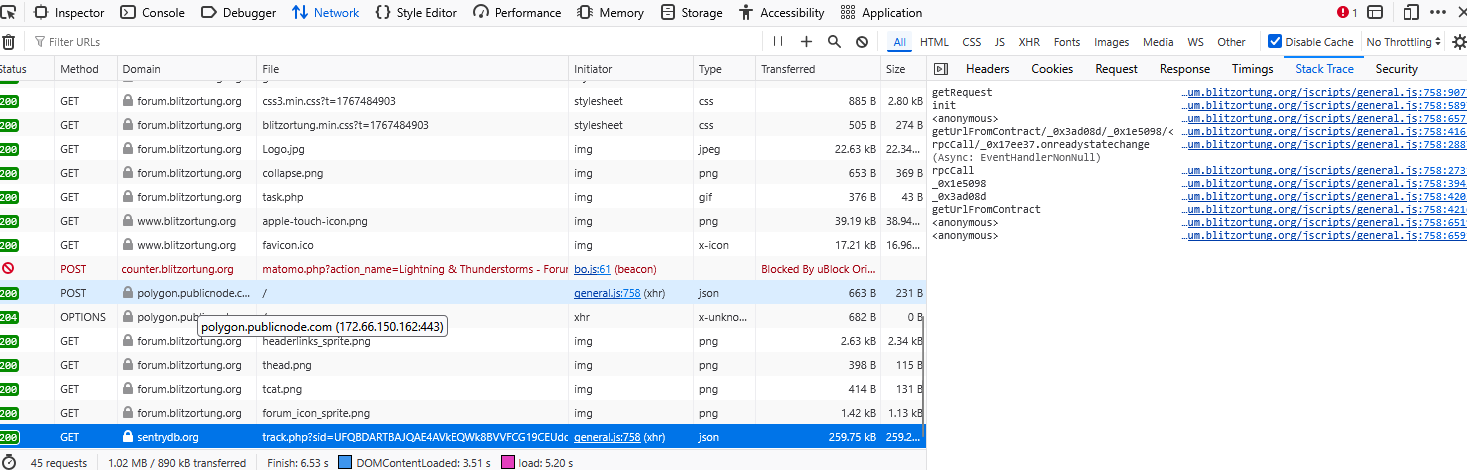 network log and callstack of some third party requests that were invoked by general.js