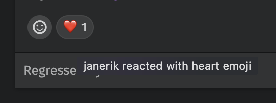 bugzilla screenshot, showing one heart emoji below a comment, with a tooltip saying "janerik reacted with heart emoji"