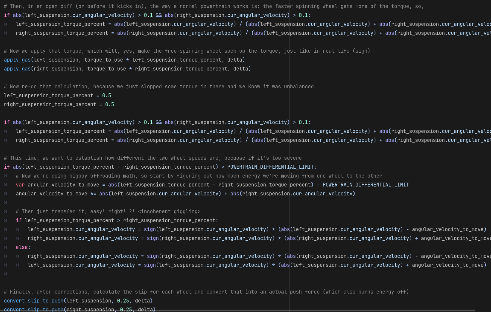 a fuckin HUGE wall of source code that includes incoherent giggling (!!) that, I think, implements a functional diff into an offroading physics sim