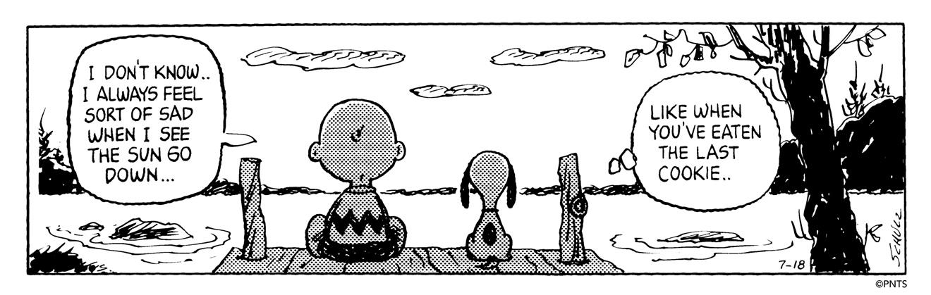 A scene showing Charlie Brown on the left, and Snoopy on the right, their backs turned as they face forward, sitting on a wooden dock during sunset, with Charlie Brown saying "I don't know... I always feel sort of sad when I see the sun go down..." and Snoopy replying "Like when you've eaten the last cookie..."