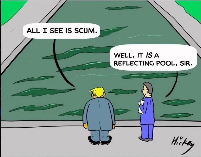 figure one: “All I see is scum.” figure two: “Well, it is a reflecting pool, sir.”