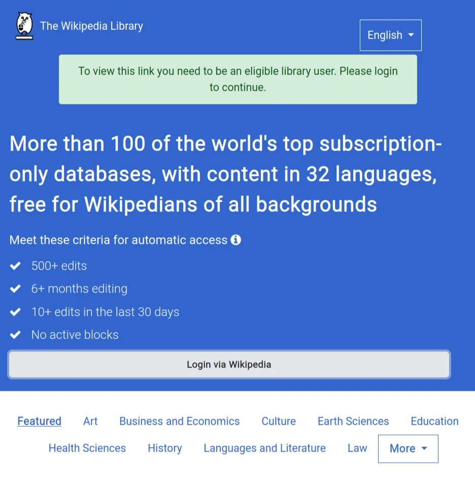 Screenshot: "The Wikipedia Library" - More than 100 of the world's top subscription-only databases, with content in 32 languages, free for Wikipedians of all backgrounds