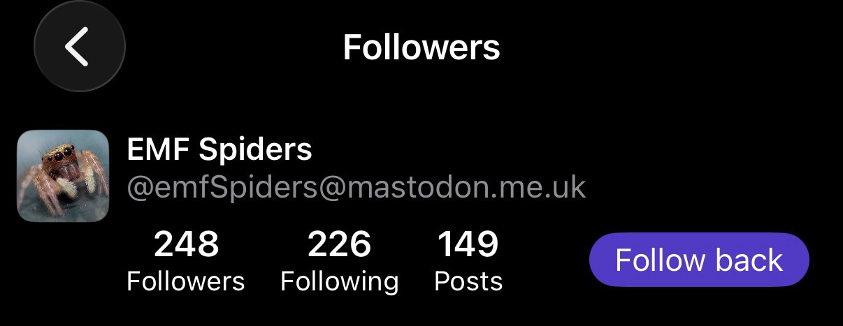 screenshot of the “followers” page in the mastodon app. the top item is “emf spiders”.