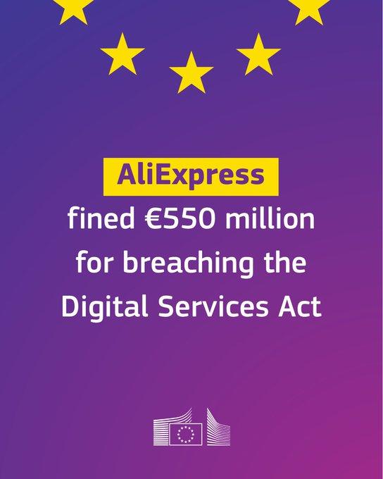 Graphic with a purple-to-blue gradient background, featuring yellow stars at the top and the European Commission logo at the bottom. Central text reads: "AliExpress fined €550 million for breaching the Digital Services Act." The word "AliExpress" is highlighted inside a yellow rectangle.
