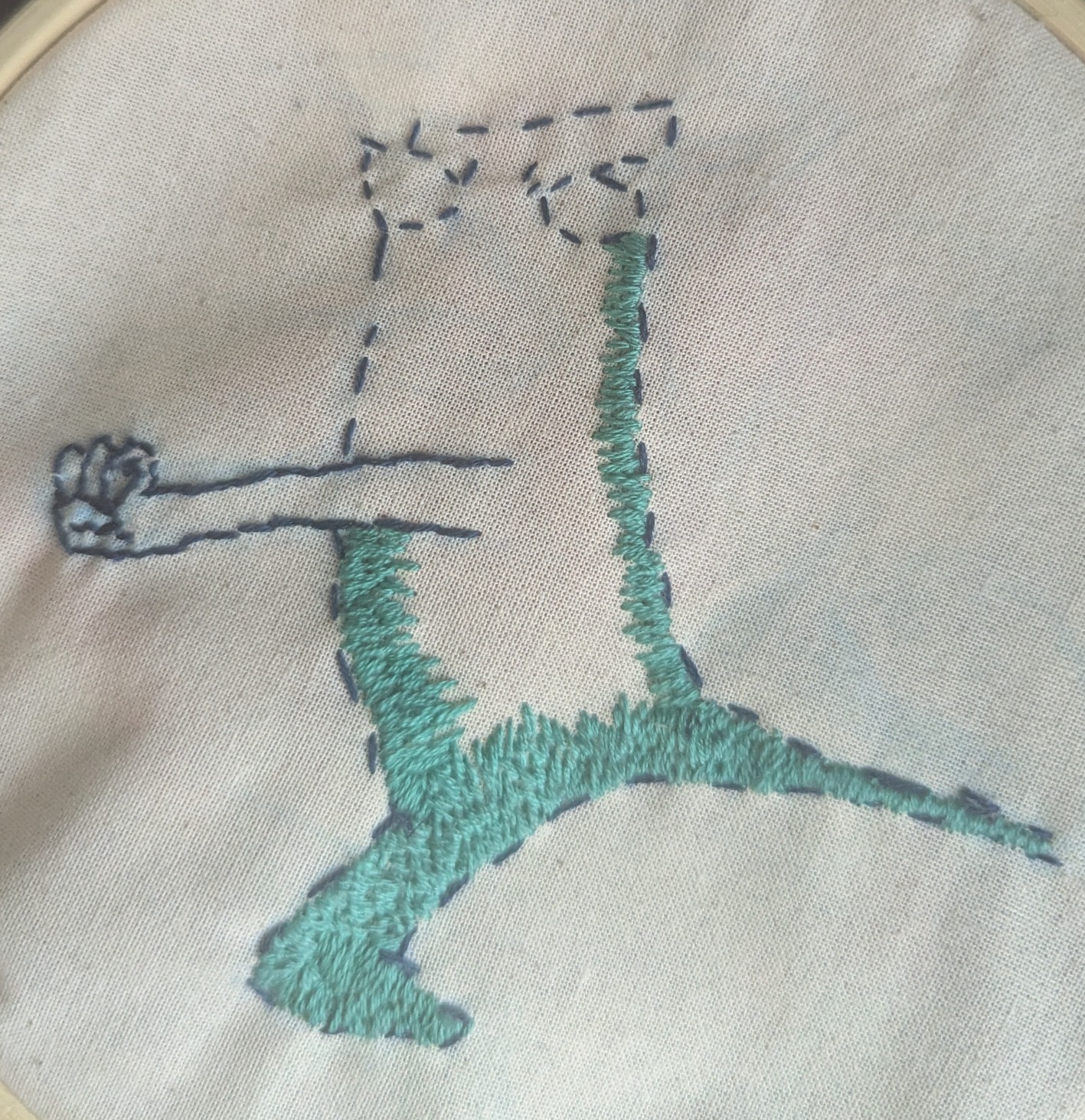 Embroidery of a teal platypus. Someone who knows the character well (or reads the alt text) might recognise this as Perry the Platypus, but it is a very unfinished embroidery showing only part of the outline (a fist, some legs, the main body and the eyes) and it is partly filled in with teal, with the legs being most filled in and parts of the sides partly filled in