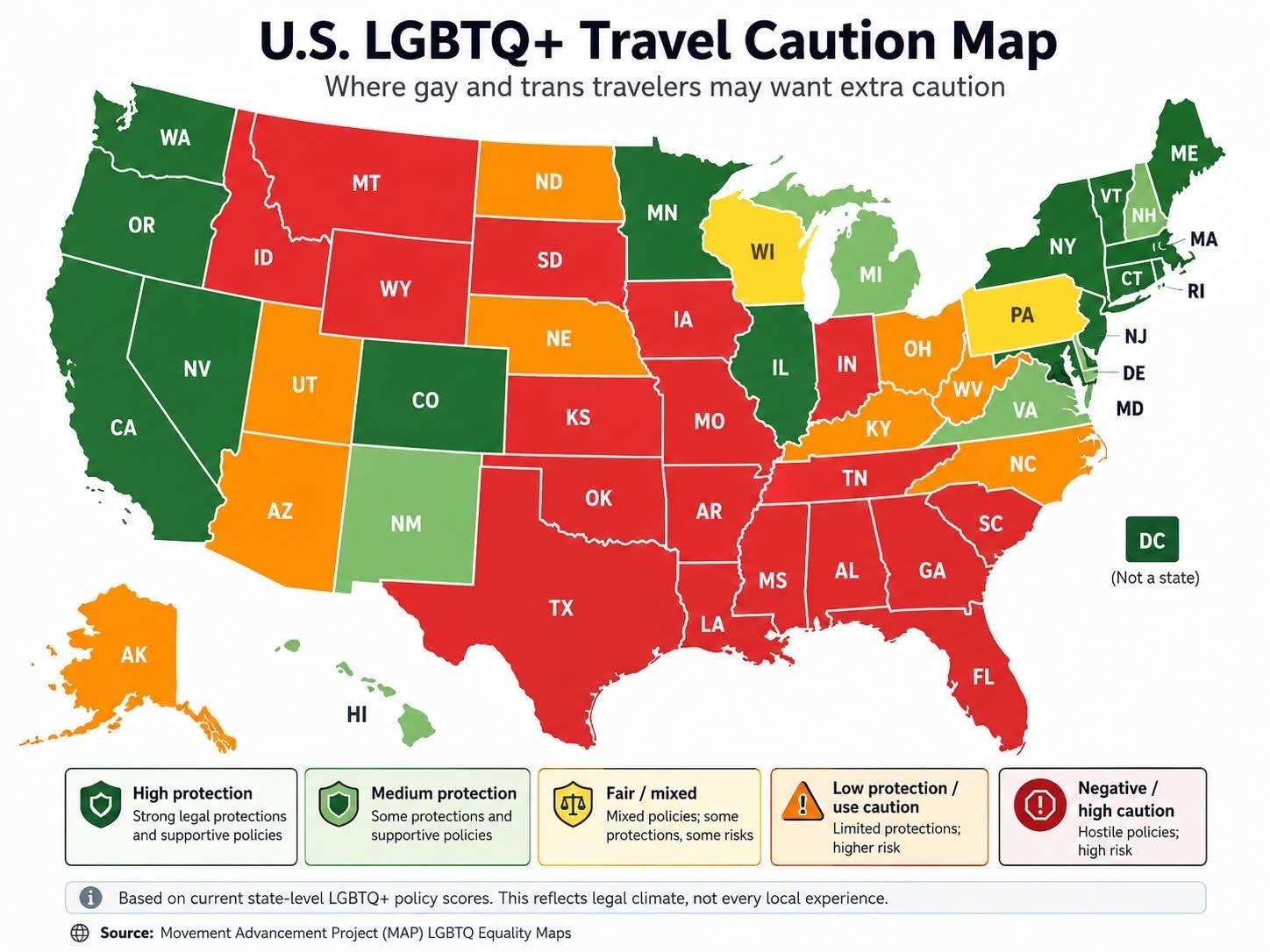 Source: Movement Advancement Project (MAP) LGBTQ Equality Maps See original source of US LGBTQIA safety study for tabular data by state.