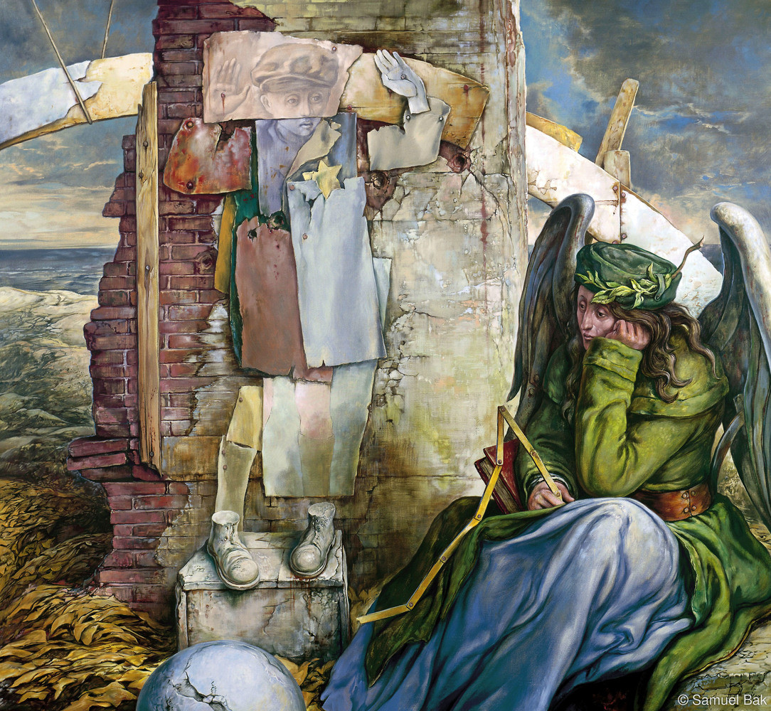 An artwork. At the lower right a sad angel sits. On the broken wall beside him, a depiction of a boy, on what looks like various flat metal panels tacked up. His hands, raised up, look like they both have nail holes in the palms. He has a cap on his head and a yellow Star of David on his jacket. His shoes are depicted as statuary on a plinth.