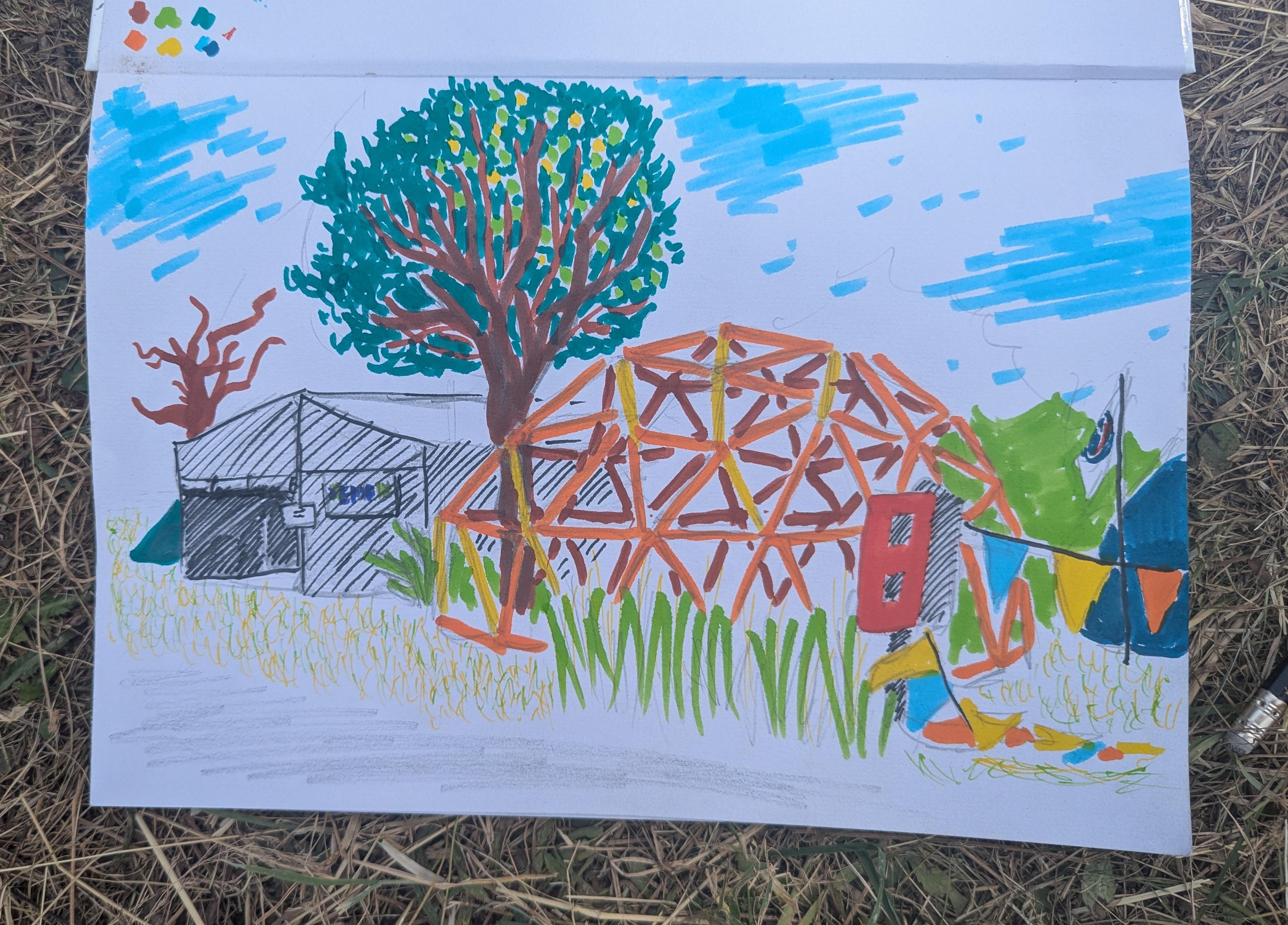 A drawing in pencil and coloured felt tip of a geodesic dome between a tree, two tents, a flag and what I guess is probably an electrical relay box with bunting hanging from it