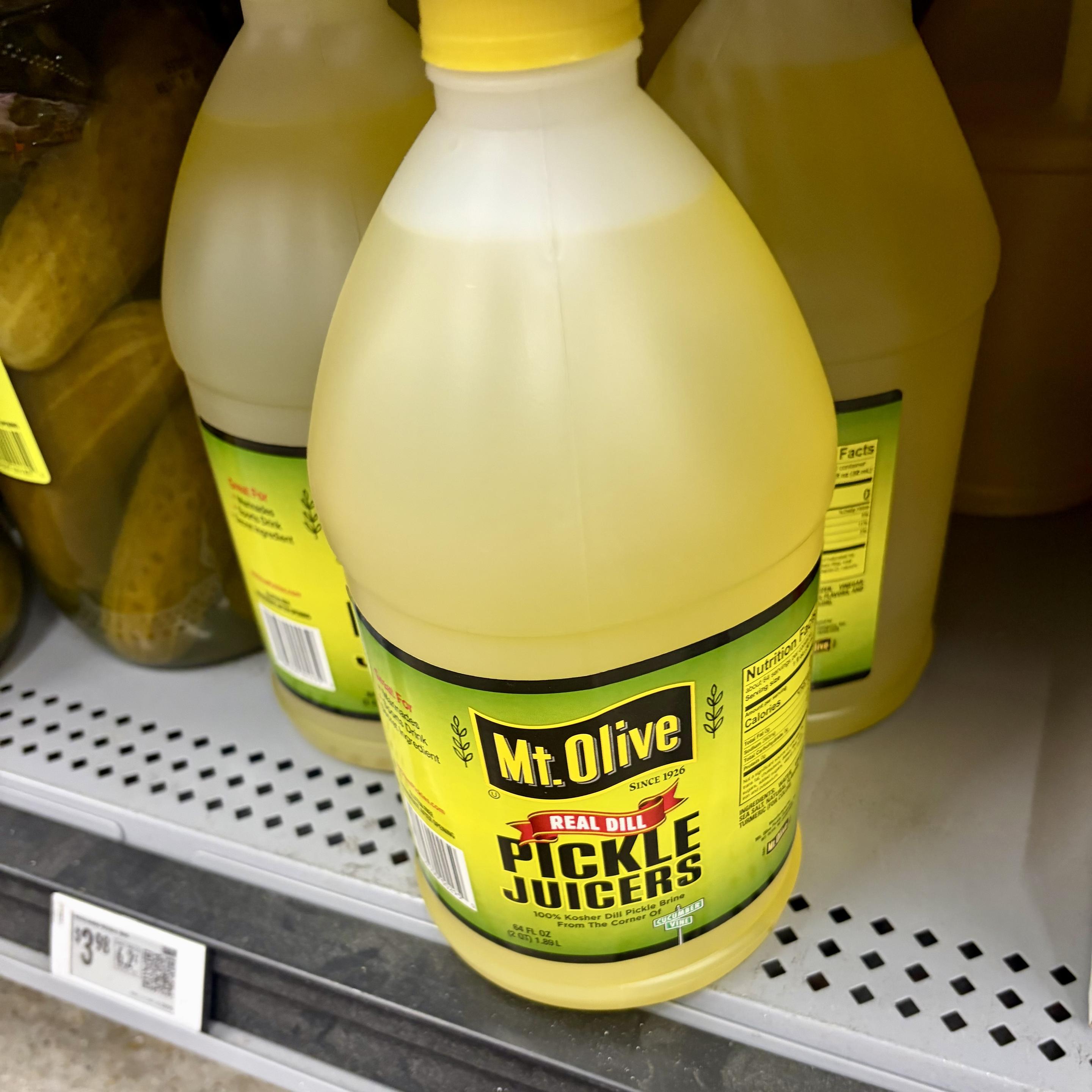 Bottle of pickle juice for sale in the store