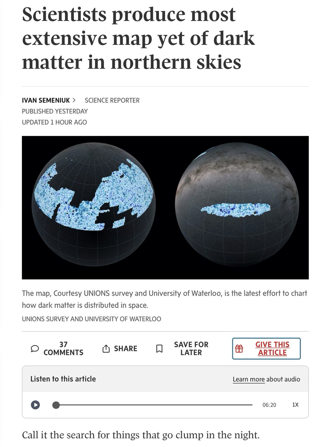 A screen capture of the top of the Globe and Mail article