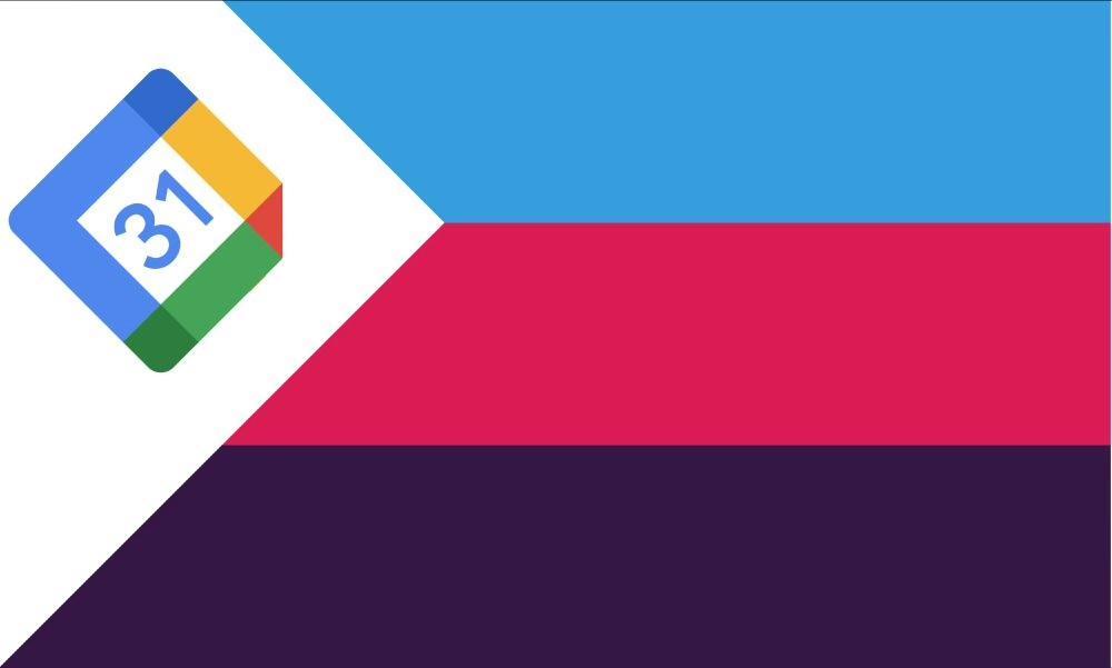 polyamory flag (white, blue, red, purple), but the heart symbol is replaced by the logo of Google Calendar