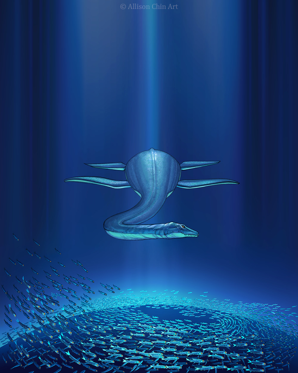 Painting of a plesiosaur hovering above a darkened globe surrounding by a swarm of glowing lanternfish