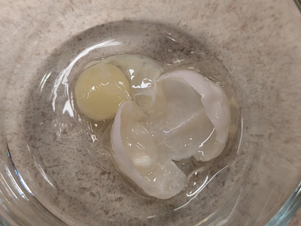 (From previous photo) The white mass is transferred to a glass dish and cut open. The outer skin is pliable but quite tough. Inside is another smaller yolk that is very pale yellow, along with more whites and some thicker translucent material which is unformed. The entire mass appears to be an egg which started to form within the outer egg.
