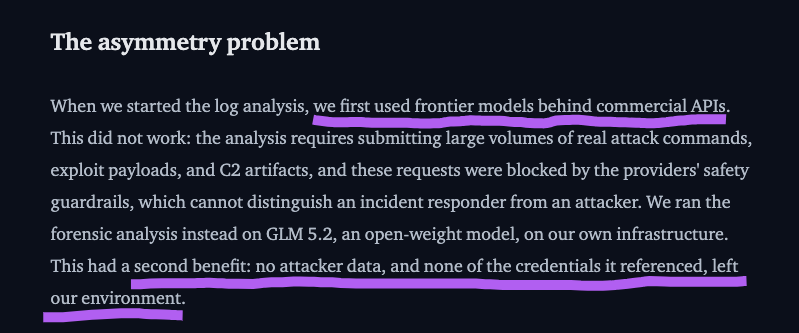 The asymmetry problem When we started the log analysis, we first used frontier models behind commercial APIs. This did not work: the analysis requires submitting large volumes of real attack commands, exploit payloads, and C2 artifacts, and these requests were blocked by the providers' safety guardrails, which cannot distinguish an incident responder from an attacker. We ran the forensic analysis instead on GLM 5.2, an open-weight model, on our own infrastructure. This had a second benefit: no attacker data, and none of the credentials it referenced, left our environment.
