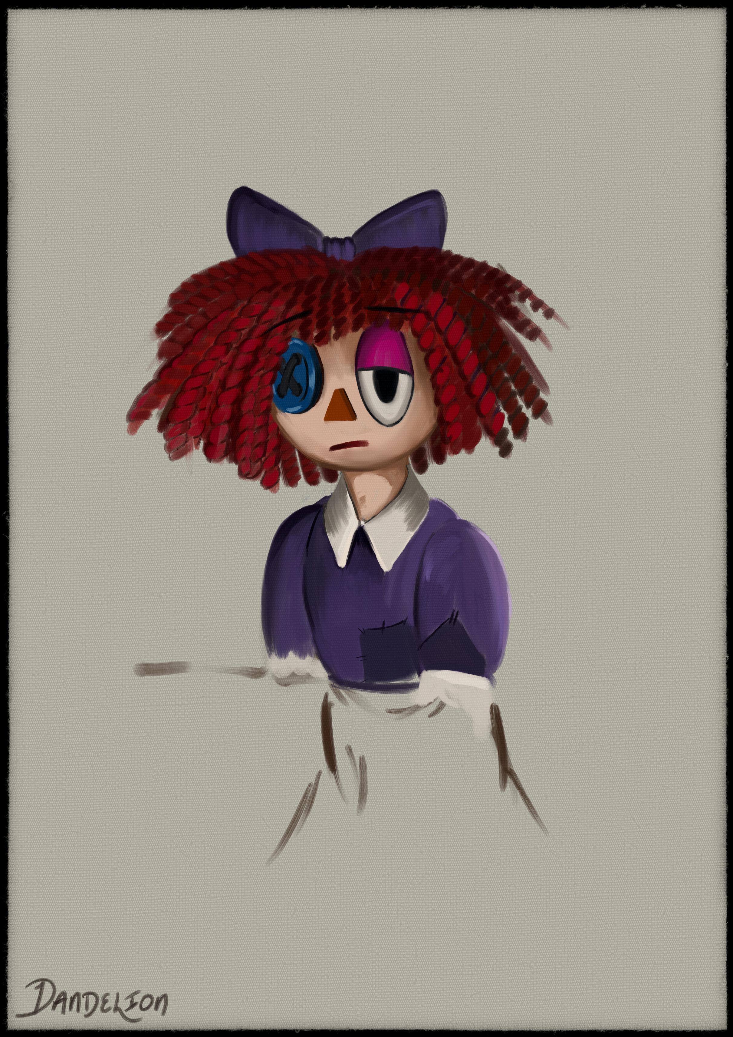 On a grey canvas is a part-finished painting of Ragatha from The Amazing Digital Circus, just her head and shoulders, with the body trailing off into a vague sketch. Signed 'Dandelion' in the bottom left