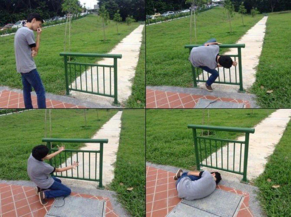 Four photo sequence of a walkway through a lawn, but the walkway has a fence across it while the lawn does not. The pictures are of a dude pretending to be unable to get past the fence even though one step into the lawn would take him around it.