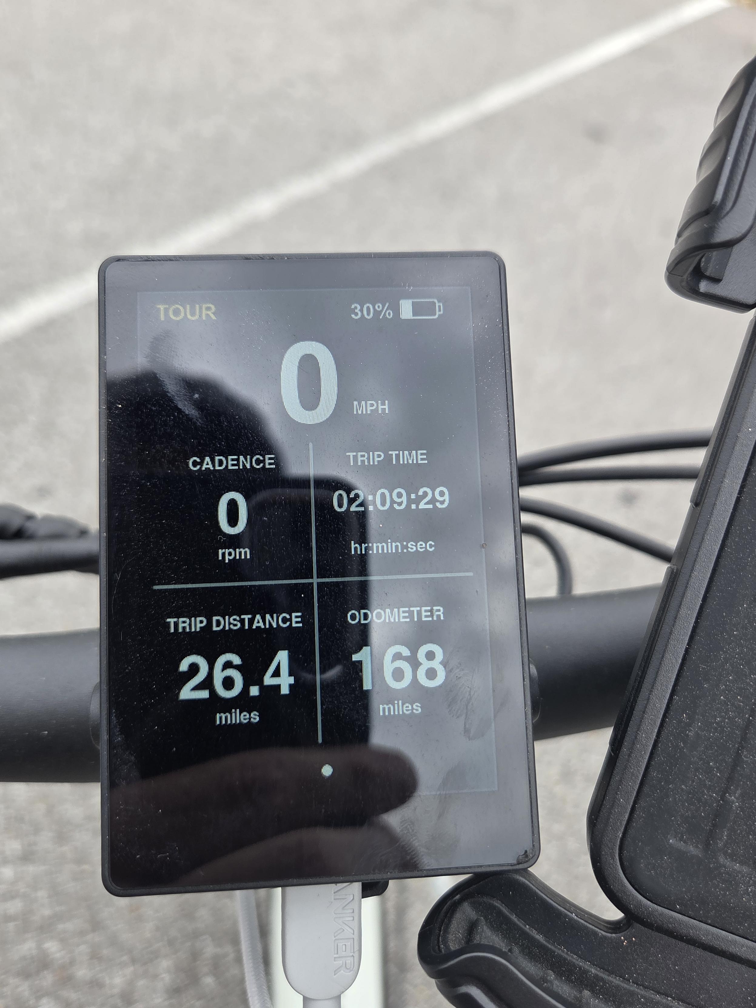photo of the bike computer end of ride.  26.4 miles this trip in 2 hours 9 minutes.  still have about 30% battery,  from 90 when I started.