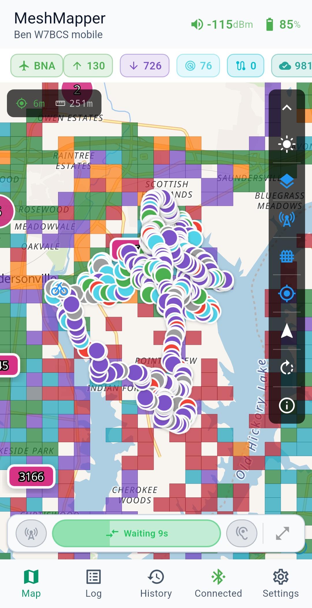 mesh mapper screen shot showing hundreds of dots where i sent or received a signal.  they are color coded but i always forget what they mean