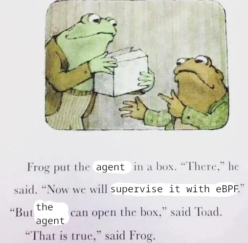 frog and toad Frog put the agent in a box. "There," he said. "now we will supervise it with eBPF." "But the agent can open the box," said Toad. "That is true," said Frog.