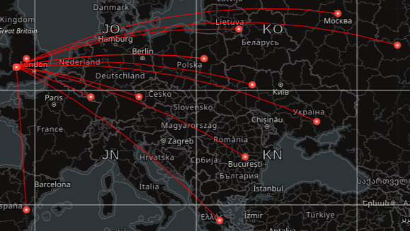Map of Europe showing red lines connecting my location with the locations of  the stations I contacted. It looks pretty.
