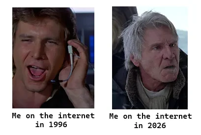 Side-by-side meme of a younger man in a headset labeled “Me on the internet in 1996” and an older man labeled “Me on the internet in 2026.”