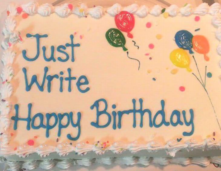 A sheet cake decorated with colorful frosting balloons, with the text "Just Write Happy Birthday" written largely across the top