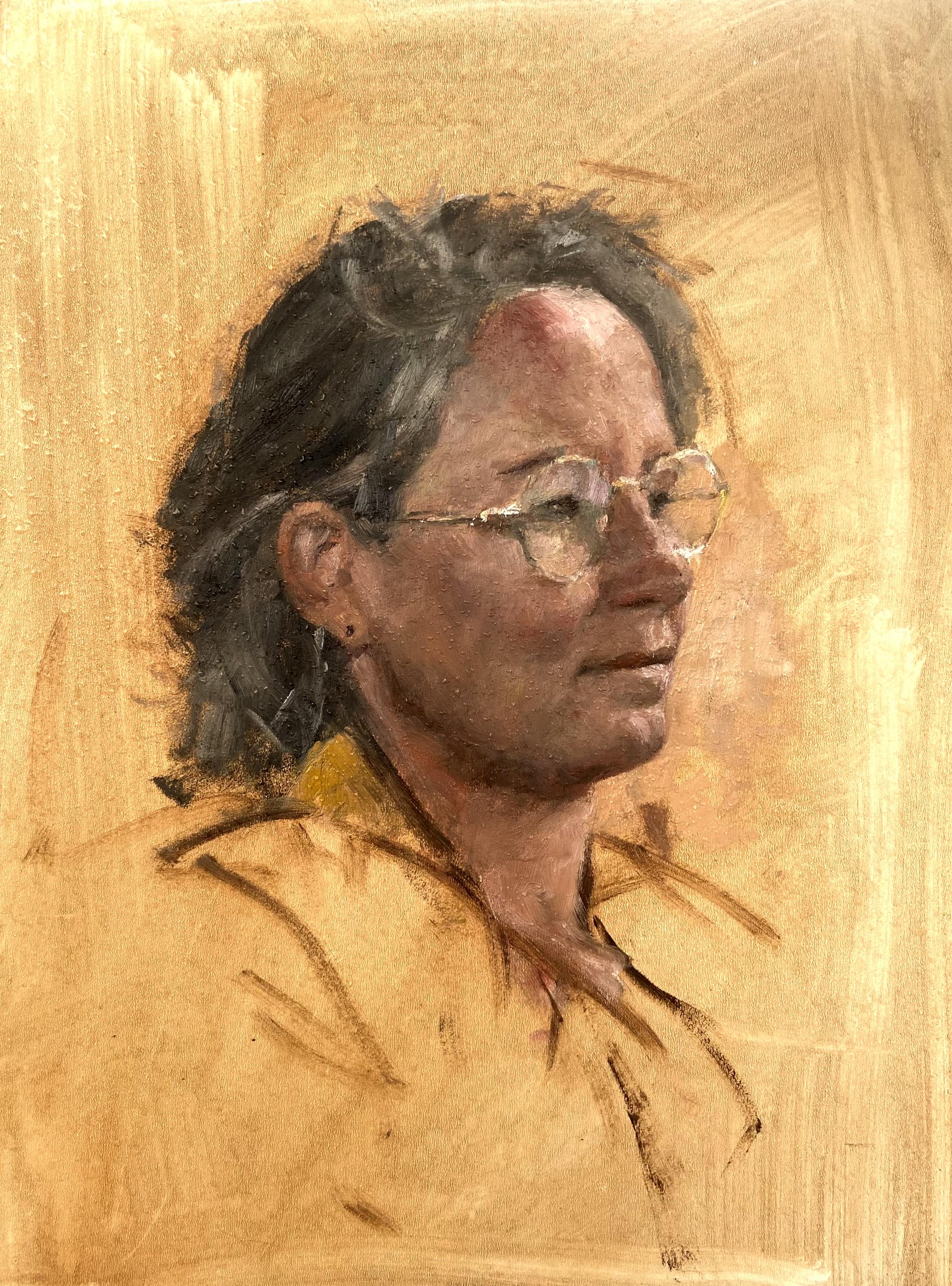 Portrait painting in oils made alla prima. It shows a person with glasses in soft daylight looking to the left. The background is left blank. 24x30cm oil on panel, done in 2.5 hours