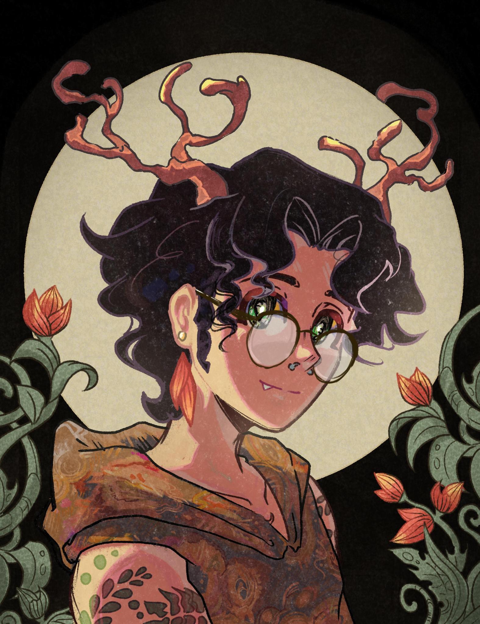 a white masc humanoid creature with black hair, green eyes, glasses, a sweater, tattoos, and prominent antlers. the background is the moon against black and flowers are around them