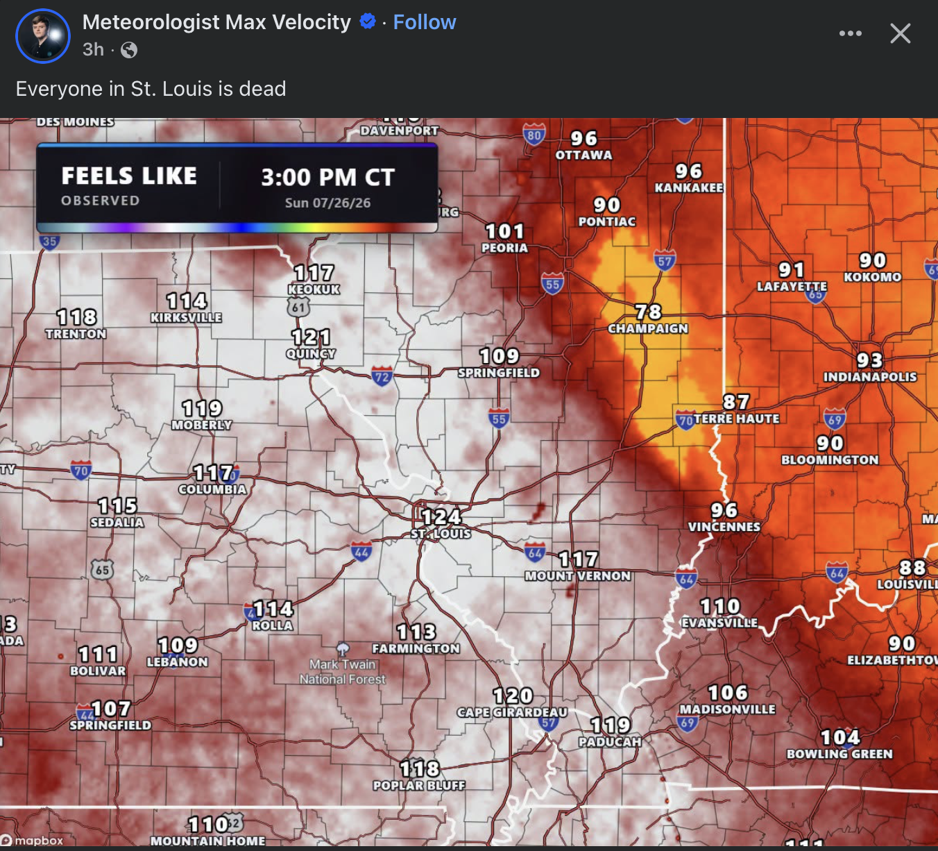 Facebook post showing heat indexes over 120 in the St. Louis area with the comment “everyone in St. Louis is dead”
