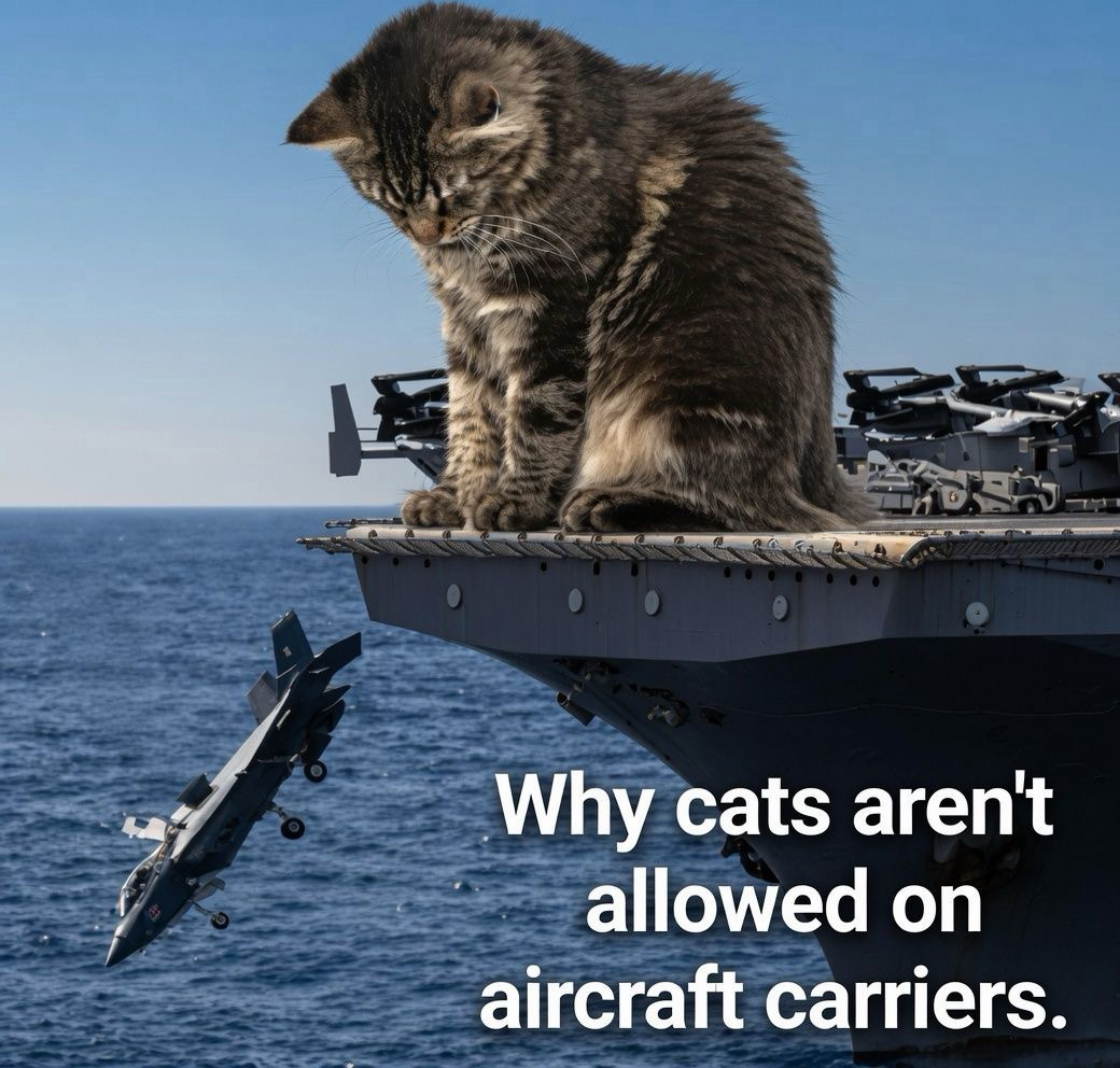 Why cats aren't allowed on aircraft carriers. (Giant cat looking at a jet that has just fallen off)