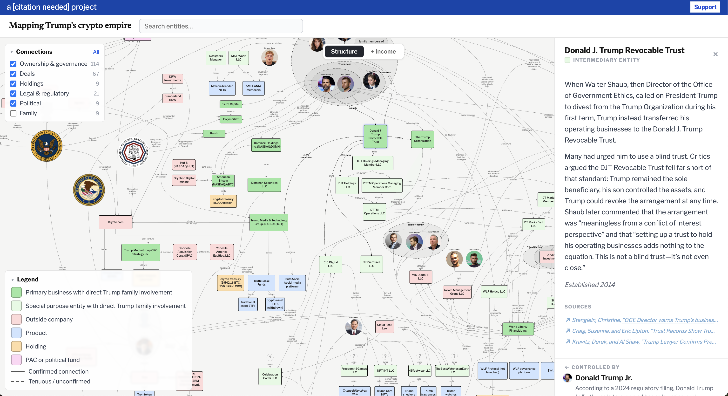 A screenshot of the map, with a side panel open showing Donald J. Trump Revocable Trust. Side panel contents: Donald J. Trump Revocable Trust Intermediary Entity When Walter Shaub, then Director of the Office of Government Ethics, called on President Trump to divest from the Trump Organization during his first term, Trump instead transferred his operating businesses to the Donald J. Trump Revocable Trust. Many had urged him to use a blind trust. Critics argued the DJT Revocable Trust fell far short of that standard: Trump remained the sole beneficiary, his son controlled the assets, and Trump could revoke the arrangement at any time. Shaub later commented that the arrangement was “meaningless from a conflict of interest perspective” and that “setting up a trust to hold his operating businesses adds nothing to the equation. This is not a blind trust—it’s not even close.” Established 2014 Sources ↗ Stenglein, Christine, "OGE Director warns Trump’s business plan insufficient", The Brookings Institution, January 11, 2017 ↗ Craig, Susanne, and Eric Lipton, "Trust Records Show Trump Is Still Closely Tied to His Empire", The New York Times, February 3, 2017 ↗ Kravitz, Derek, and Al Shaw, "Trump Lawyer Confirms President Can Pull Money From His Businesses Whenever He Wants", ProPublica, April 4, 2017 ←controlled by Donald Trump Jr. According to a 2024 regulatory filing, Donald Trump Jr. "is the sole trustee and has sole voting and