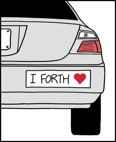 Back of a car with a bumper sticker reading "I FORTH ❤️". Hidden text: "I NOTATION POLISH REVERSE ❤️"