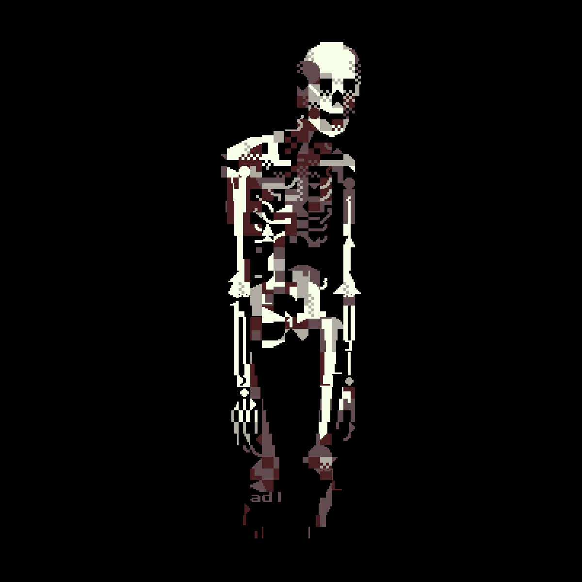 Skeleton with a tired posture on black background. This picture is made from 8x8 semigraphic characters, giving a pixelated, chunky, drafty, geometric style. Legs of the Skeleton are fading on the dark background.