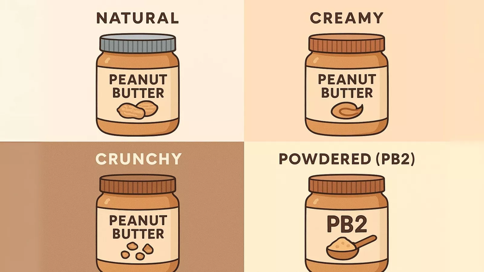 pictures of 4 jars of peanut butter, each with a different name: natural, creamy, crunchy, and powdered PB2