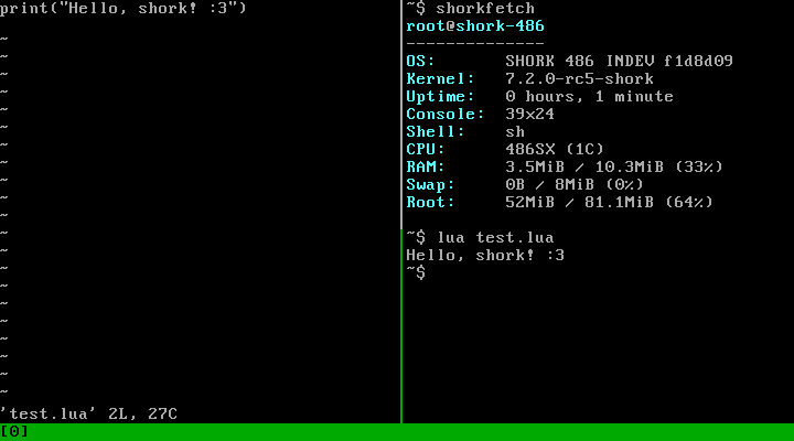 A screenshot of SHORK 486 running tmux with two panes open - one contains vi showing the source code of our test Lua file, the other showing SHORKFETCH output and said Lua file being intepreted by Lua.