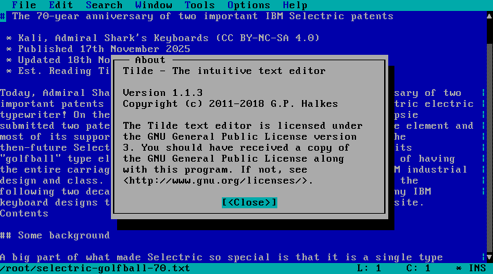 A screenshot of SHORK 486 running the Tilde editor. It has open the text of my "the 70-year anniversary of two important IBM Selectric patents" article and Tilde's about box.