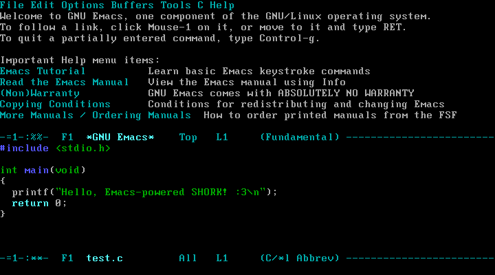 A screenshot of SHORK 486 running GNU Emacs. It has two panes open - one showing its welcome message, the other a test C source file containing a basic "hello world" type program.