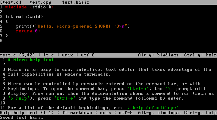 A screenshot of SHORK 486 running the micro editor. It has two panes open - one showing a test C source file containing a basic "hello world" type program, the other micro's help information.