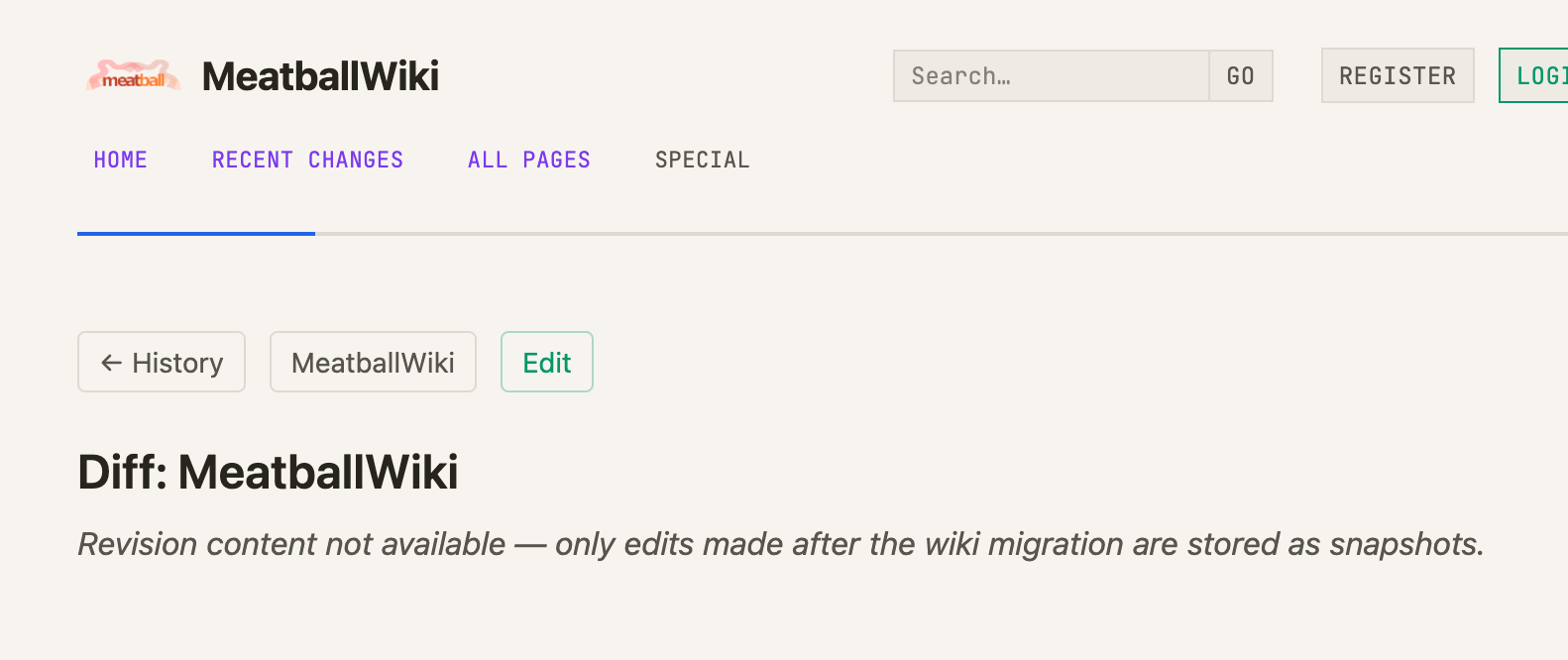 Meatballwiki diff browser for the "MeatballWiki" page says "revision content not available. only edits after the wiki migration are stored as snapshots