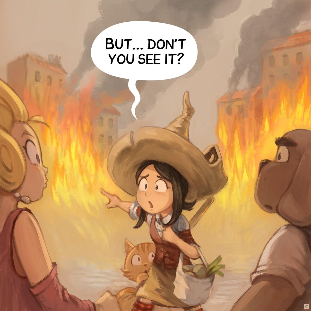 Panel 3. Pepper points at the fire in the background, to the suprise of the lady and man.   > Pepper: "But... Don't you see it?"