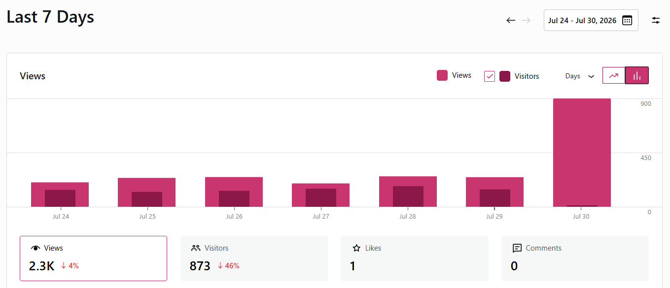 A bar graph showing a large spike in views, from apparently a single visitor, this morning.